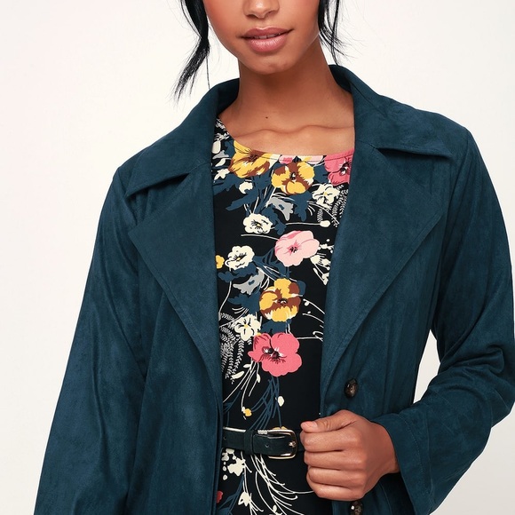 Lulus Marika Dark Teal Suede Trench Coat - Picture 4 of 7